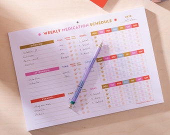 A4 Medication Schedule and Tracker Planner Pad | Vitamin Tracker | Medication Log | Weekly Medication Planner | Vitamin Log | Colourful