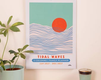 2027 A3 Family Wall Planner Calendar | Tidal Waves | 5 Column Family Organiser | Coastal Print | Ocean Art Calendar | Family Organiser