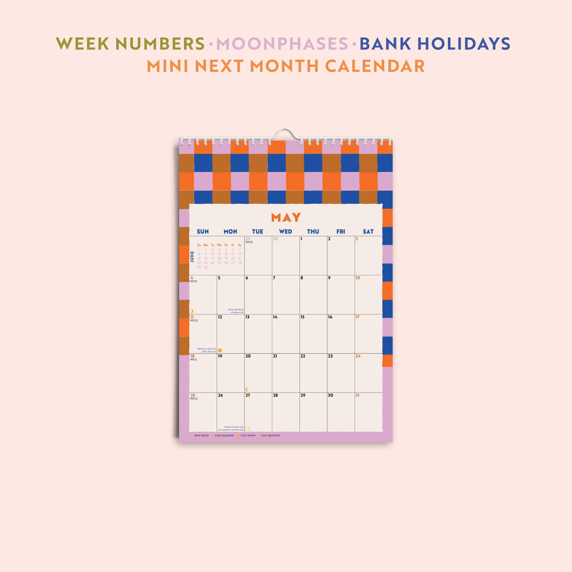 2025 Year Wall Calendar Checks & Strips | A4 Monthly Planner | Colourful Art Planner | 12 Month Hanging Calendar | Week Starts Sunday