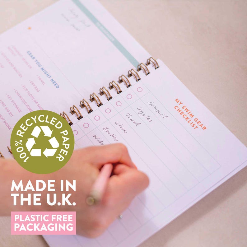 May include: A checklist for swim gear with the title "My Swim Gear Checklist" written in pink. The checklist includes items such as swimsuit, loogy les, towel, gloves, and booties. The checklist is made from recycled paper and is plastic free.