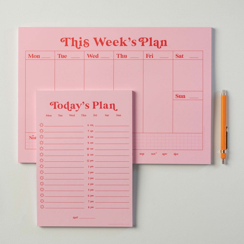 May include: Pink weekly and daily planner set with gridded pages. The weekly planner has a section for each day of the week, Monday through Sunday. The daily planner has a section for each hour of the day, from 6 am to 8 pm.