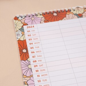 A3 2024 Family Planner. 5 Column Organiser. Wall Calendar. Large Size. Retro Florals. 100% Recycled Paper. Made in the UK.