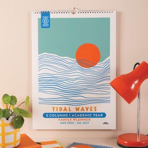 May include: A family planner calendar with a minimalist design. It features an orange sun, blue waves, and a teal sky. The calendar is titled "Tidal Waves" and covers the academic year August 2026 - July 2027.