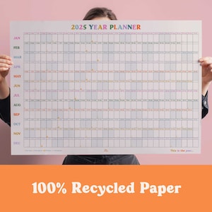 2025 year to view colourful wall planner. 100% recycled paper. home planner. wfh calendar. work planner.