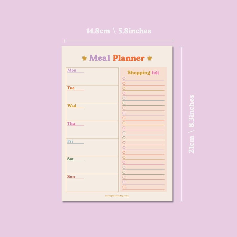 A5 Meal Planner and Shopping List. Colourful A5 Planner Pad. Ideal for planning a week of meals and preparing your shopping list.