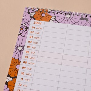 A3 2024 Family Planner. 5 Column Organiser. Wall Calendar. Large Size. Retro Florals. 100% Recycled Paper. Made in the UK.