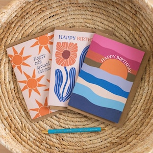 Set di 3 biglietti di auguri di compleanno / Biglietti di auguri in carta riciclata / Biglietti di compleanno colorati / Interno vuoto / Prodotto nel Regno Unito / Confezione di biglietti