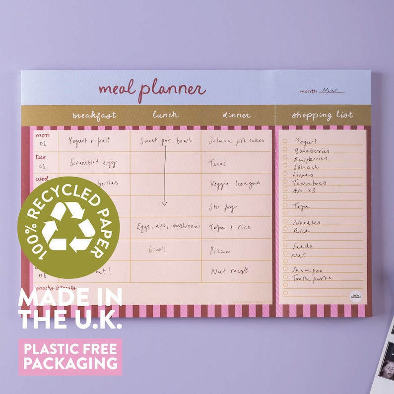 Weekly Meal Planner Pad Berry Stripe | A4 Meal Planner | Daily Meal Planner Pad | Menu Planner | Meal Planner Pad image 4