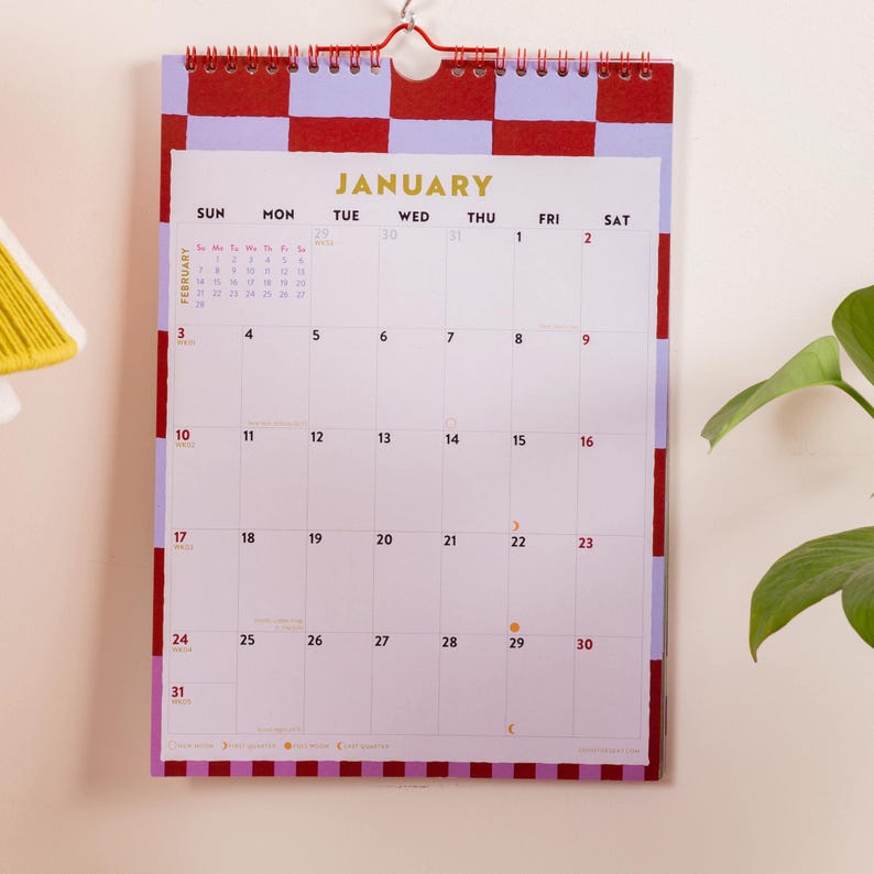 May include: A wall calendar for the month of January featuring a red and light purple checkered border. The calendar includes a grid with days of the week, dates, and a small February preview. It is held together by a red metal spiral binding.