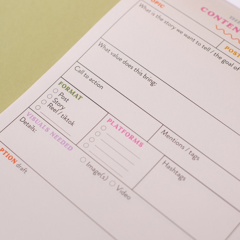 A4 weekly cross-platform social media content planner. A5 content planner per post. Social media planning set. Colourful. 100% Recycled Paper. Made in the UK.