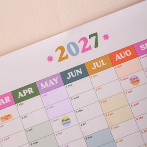 2027 colorful wall planner for work or home detail, rainbow color heading