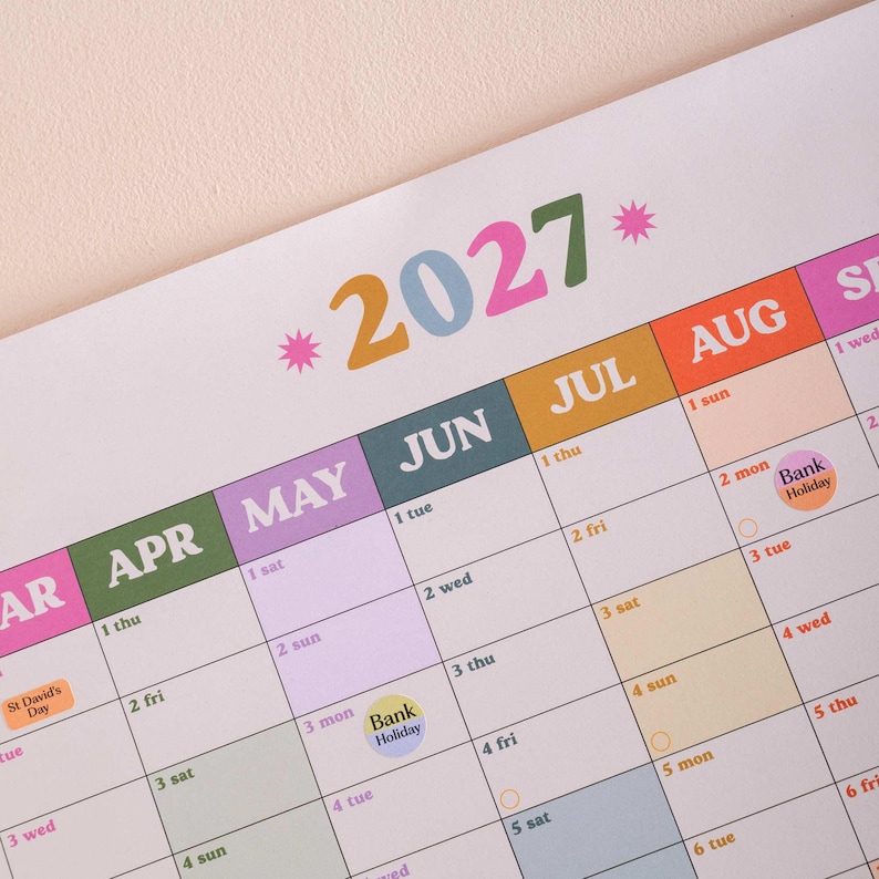 2027 colorful wall planner for work or home detail, rainbow color heading