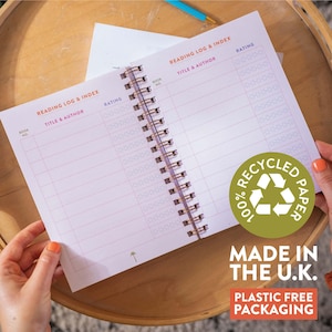 A5 reading journal. TBR list. Book Reviews. 100% Recycled Paper. Made in the UK.