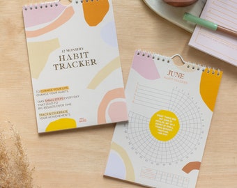 Daily Habit Tracker Monthly Calendar | 12 Month Goal Planner | Habit Tracker Bullet Journal | Pastel Organic | Track your goals notepad