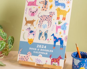 Calendrier artistique 2024 pour chiens et griffonnages | Agenda mensuel A4 | Illustrations de chiens et de griffonnages | Agenda artistique coloré | Calendrier suspendu de 12 mois