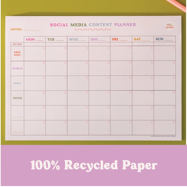 A4 weekly cross-platform social media content planner. A5 content planner per post. Social media planning set. Colourful. 100% Recycled Paper. Made in the UK.