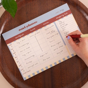 May include: A rectangular paper meal planner with a light blue header, a dark red section labelled meal planner, and a shopping list column on the right. The grid contains handwritten entries for breakfast, lunch, and dinner for each day of the week.