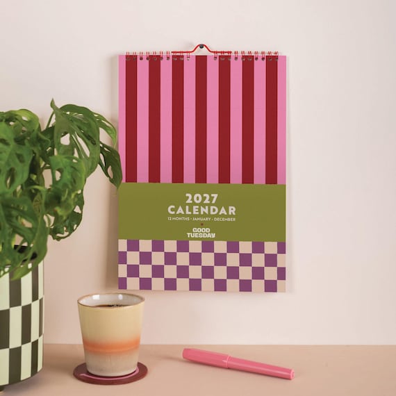 2027 Calendar | Checks & Stripes | A4 Wall Calendar | Sunday Start | Month to View | Monthly Organiser | January to December