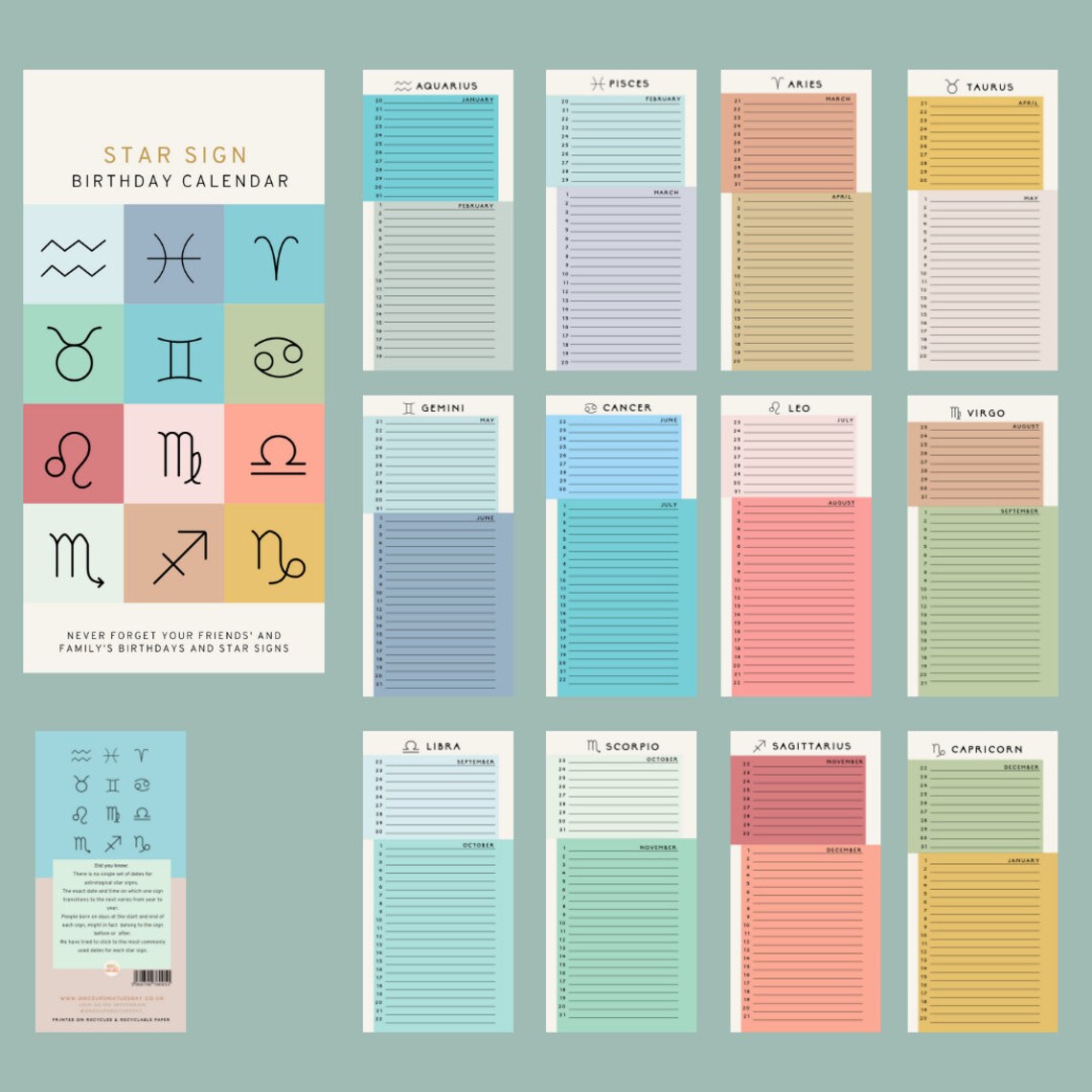 Sternzeichen Geburtstagskalender Ewiger Kalender  Etsy