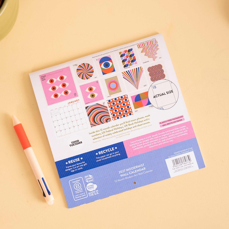 2027 Modernist Wall Calendar, back cover detail, recyclable packaging information