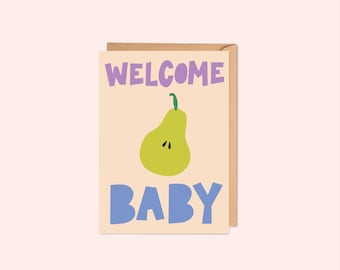Tarjeta de bienvenida para bebé / Diseño de pera suave / Tarjeta de felicitación de papel reciclado / A6 con sobre kraft / Interior en blanco
