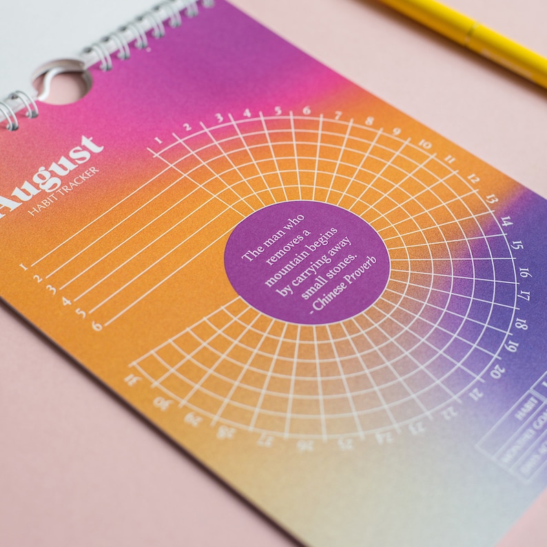 May include: A pink and orange habit tracker for the month of August. The tracker has a circular grid with numbers 1 through 31 around the edge. The quote "The man who removes a mountain begins by carrying away small stones. - Chinese Proverb" is printed in the centre of the grid.