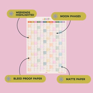 May include: A 2027 wall calendar with weekends highlighted and moon phases indicated. The calendar is printed on matte, bleed-proof paper. The months are color-coded and arranged in a grid format.