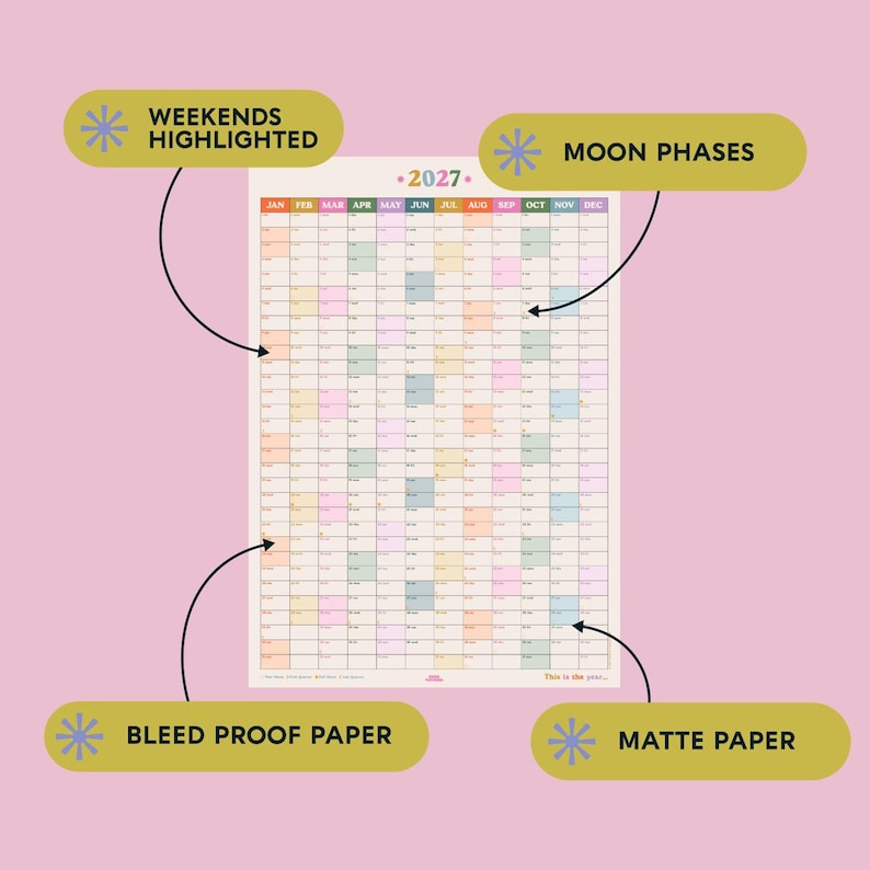 May include: A 2027 wall calendar with weekends highlighted and moon phases indicated. The calendar is printed on matte, bleed-proof paper. The months are color-coded and arranged in a grid format.