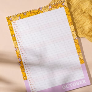 A3 2024 Family Planner. 5 Column Organiser. Wall Calendar. Large Size. Retro Florals. 100% Recycled Paper. Made in the UK.
