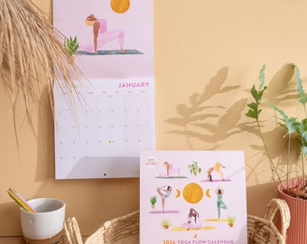 2024 Year Calendar Yoga Illustrations | Yoga Calendar | Square Monthly Planner | 12 Month Illustrated Hanging Calendar | Moon Phase calendar