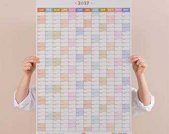 Jaarplanner 2027 voor aan de muur, portretformaat, kleurrijke pasteltinten | Pastel planner | Jaarplanner 2027 | Maandplanner 2027 | Jaaroverzicht