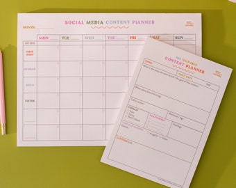 May include: A printable social media content planner with a pink and white color scheme. The planner includes sections for key date, grid post, stories, reels, TikTok, topic, post date, what value does this bring, call to action, format, platforms, visuals needed, caption draft, and time.