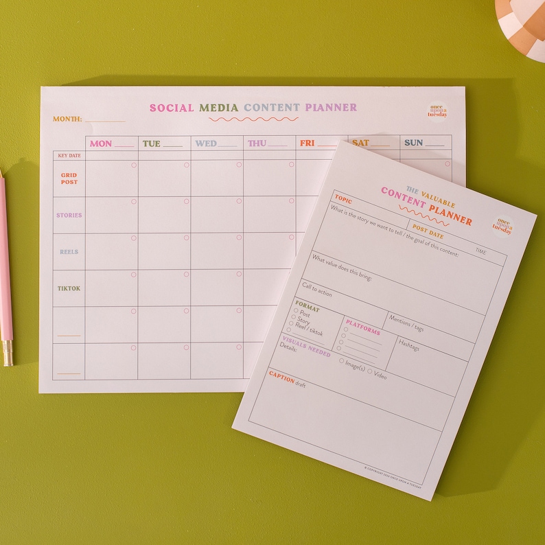 A4 weekly cross-platform social media content planner. A5 content planner per post. Social media planning set. Colourful. 100% Recycled Paper. Made in the UK.