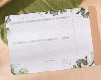 A4 Tropical Greenery Weekly Planner Pad | Weekly Plan with Habit Tracker | Desk Planner | Family Planner | Notepad | WFH To Do | Magnetic