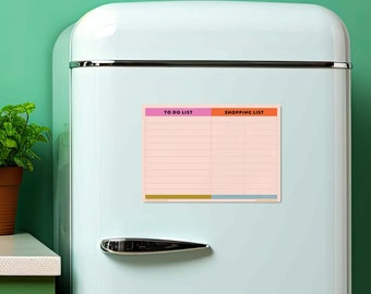 May include: A pink and orange magnetic notepad with the words "To Do List" and "Shopping List" printed on it. The notepad has lines for writing.