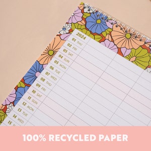 A3 2024 Family Planner. 5 Column Organiser. Wall Calendar. Large Size. Retro Florals. 100% Recycled Paper. Made in the UK.