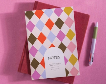 A5 Lined Notebook | Harlequin Design | Ruled Journal | Recycled Paper | UK Made Stationery | Recycled Paper Journal | Colourful Notes