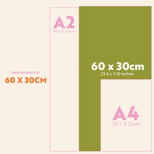 Może przedstawiać: Grafika przedstawiająca por&oacute;wnania rozmiar&oacute;w. Wyświetlany jest tekst "THIS PRODUCT IS 60 X 30CM". Obraz pokazuje r&oacute;wnież wymiary w calach: 23,6 x 11,8 cali. Inne rozmiary to A2 (59,4 x 42 cm) i A4 (29,7 x 21 cm).