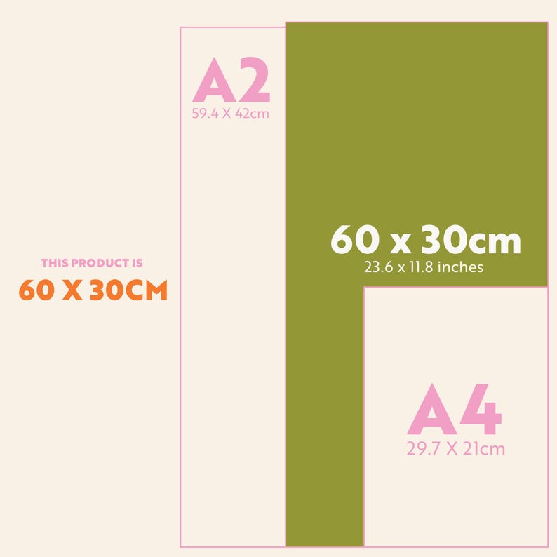 Może przedstawiać: Grafika przedstawiająca por&oacute;wnania rozmiar&oacute;w. Wyświetlany jest tekst "THIS PRODUCT IS 60 X 30CM". Obraz pokazuje r&oacute;wnież wymiary w calach: 23,6 x 11,8 cali. Inne rozmiary to A2 (59,4 x 42 cm) i A4 (29,7 x 21 cm).