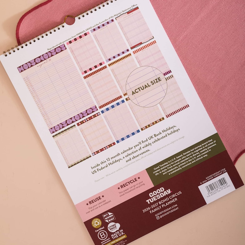 2026–2027 A3 family planner printed on recycled paper with wall hanging detail