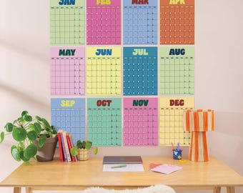 Grote maandelijkse muurplanner, A3 retro Daze | XL-muurplanner | Afzonderlijke pagina's | Eeuwigdurend | Wandplanner zonder datum | Maandagstart