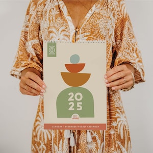 Calendário 2025 Domingo Início Boho Formas | Calendário de 12 meses | Calendário de arte abstrata | Calendário de parede A4 | Calendário de carta dos EUA | Planejador Boho