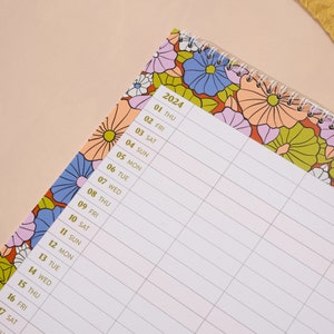 A3 2024 Family Planner. 5 Column Organiser. Wall Calendar. Large Size. Retro Florals. 100% Recycled Paper. Made in the UK.