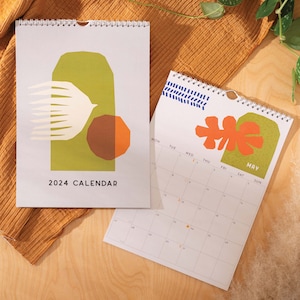 2024 A4 Calendar - scandi inspired illustrations on each monthly page. 100% Recycled Paper, Made in the UK. Includes moon phases and week numbers.