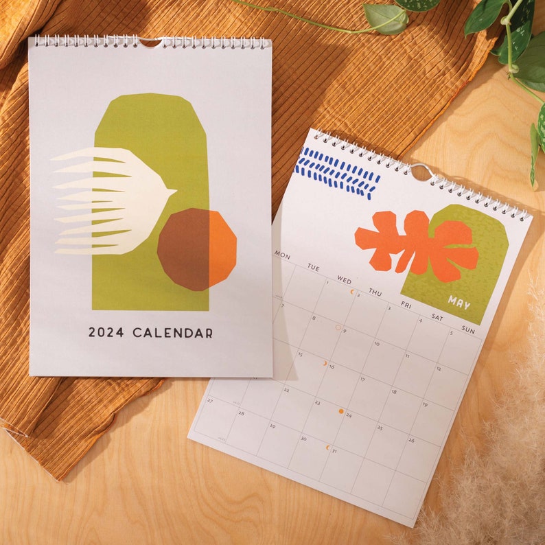 2024 A4 Calendar - scandi inspired illustrations on each monthly page. 100% Recycled Paper, Made in the UK. Includes moon phases and week numbers.