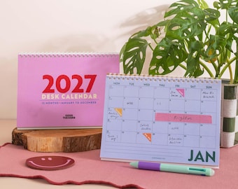 Calendario de escritorio 2027 / Estampado de colores / Calendario de escritorio tipográfico / Papelería con bloques de color / Vista mensual / Decoración para la oficina en casa / Planificador de escritorio del Reino Unido