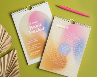 Daily Habit Tracker Monthly Calendar | 12 Month Goal Planner | Habit Tracker Bullet Journal | Gradients