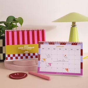 2027 Desk Calendar | Checks and Stripes | Bold Pattern Desk Calendar | Colourful Stationery | Month to View | Home Office | UK Calendar