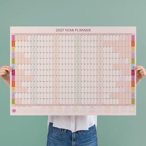 Könnte beinhalten: Ein 2027 Jahresplaner-Wandkalender mit einem Rasterlayout, bei dem die Monate vertikal an den Seiten und die Wochentage oben aufgeführt sind. Das Design umfasst einen blassrosa Hintergrund mit abwechselnd schattierten Spalten und kleinen Monatskalendern.