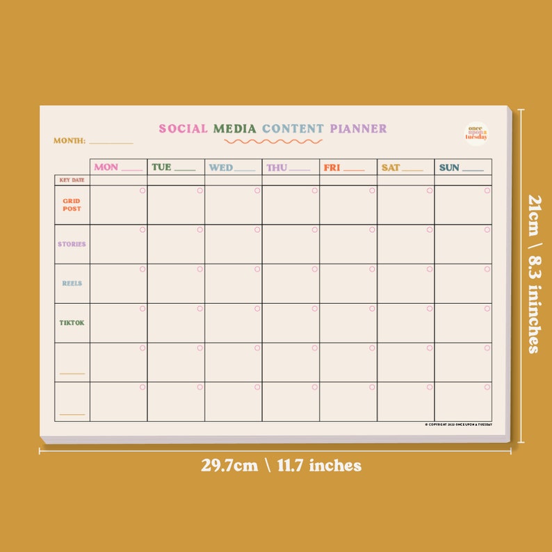 A4 weekly cross-platform social media content planner. A5 content planner per post. Social media planning set. Colourful. 100% Recycled Paper. Made in the UK.
